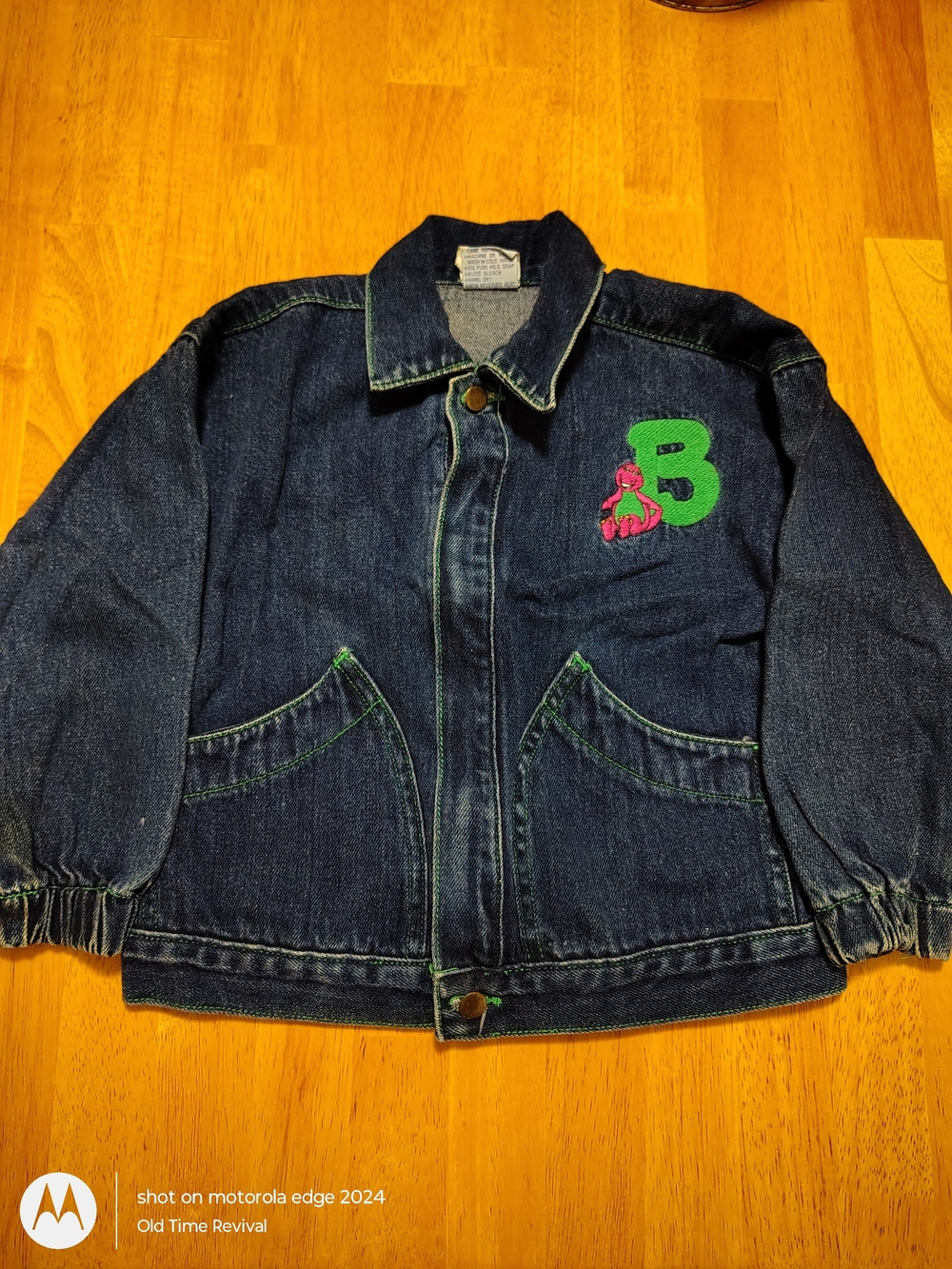 Vintage 1992 Barney The Dinosaur Denim Jacket Kids Retro Size 6R 90s Jean Coat